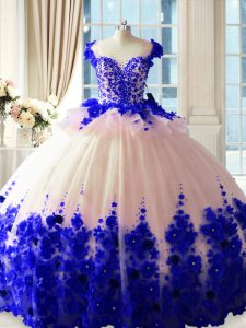  Zipper Sweet 16 Dresses Blue And White for Sweet 16 and Quinceanera with Hand Made Flower Brush Train