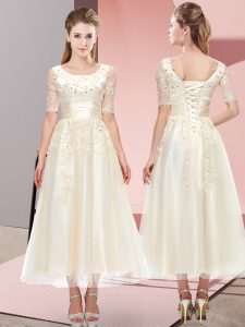  Tea Length Lace Up Quinceanera Court Dresses Champagne for Wedding Party with Beading and Lace