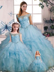 On Sale Light Blue Lace Up Quinceanera Gowns Beading and Ruffles Sleeveless Floor Length