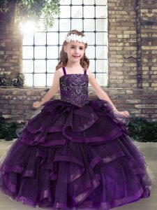 Customized Purple Tulle Lace Up Straps Sleeveless Floor Length Little Girl Pageant Dress Beading and Ruffles