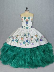  Sleeveless Floor Length Embroidery and Ruffles Lace Up 15 Quinceanera Dress with Turquoise