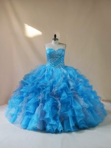 Eye-catching Baby Blue Sleeveless Floor Length Beading and Ruffles Lace Up Vestidos de Quinceanera