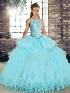  Ball Gowns Vestidos de Quinceanera Aqua Blue Scoop Tulle Sleeveless Floor Length Lace Up