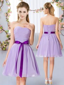  Lavender Lace Up Dama Dress for Quinceanera Belt Sleeveless Mini Length