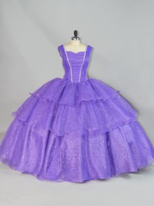 Fashionable Lavender Ball Gowns Beading and Ruffled Layers Quinceanera Gown Lace Up Organza Sleeveless Floor Length