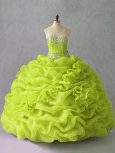 Dynamic Yellow Green Ball Gowns Beading and Pick Ups and Hand Made Flower Quinceanera Dresses Lace Up Organza Sleeveless Floor Length