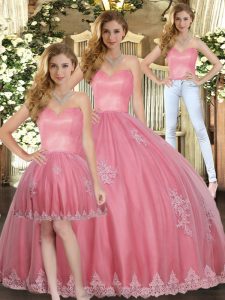 Custom Fit Watermelon Red Tulle Lace Up Sweetheart Sleeveless Floor Length Quinceanera Dress Appliques