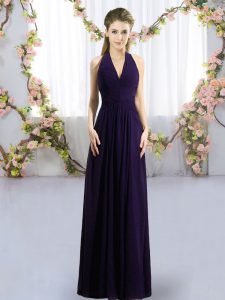 Popular Floor Length Dark Purple Court Dresses for Sweet 16 Halter Top Sleeveless Zipper