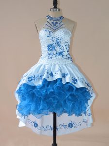  Sleeveless High Low Embroidery and Ruffles Lace Up Evening Dress with Blue