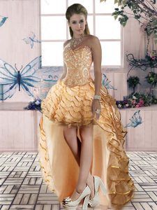 Noble Gold Organza Lace Up Sweetheart Sleeveless High Low Homecoming Dress Beading and Lace and Ruffled Layers