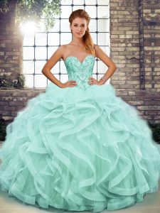  Apple Green Tulle Lace Up Sweetheart Sleeveless Floor Length Ball Gown Prom Dress Beading and Ruffles