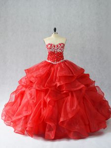  Red Sweetheart Lace Up Beading and Ruffles Quinceanera Dresses Sleeveless