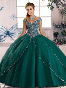 Delicate Cap Sleeves Brush Train Lace Up Beading Ball Gown Prom Dress