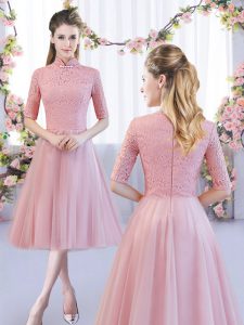  Pink Half Sleeves Lace Tea Length Vestidos de Damas