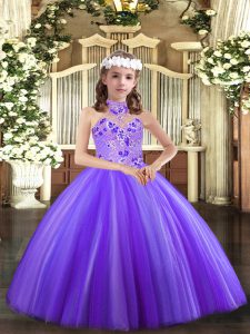  Floor Length Lavender Pageant Gowns For Girls Halter Top Sleeveless Lace Up