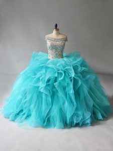  Aqua Blue Ball Gowns Beading and Ruffles Sweet 16 Dress Lace Up Organza Sleeveless