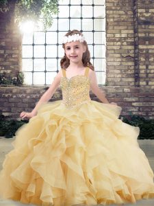  Gold Sleeveless Floor Length Beading and Ruffles Lace Up Child Pageant Dress