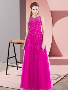  Fuchsia Empire Scoop Sleeveless Tulle Floor Length Side Zipper Beading Prom Party Dress
