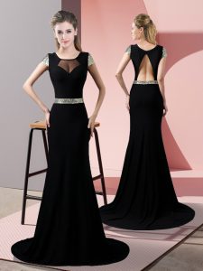  Black Short Sleeves Satin Sweep Train Backless Evening Dress for Prom and Party