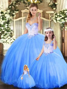 Romantic Blue Ball Gowns Beading Quince Ball Gowns Lace Up Tulle Sleeveless Floor Length