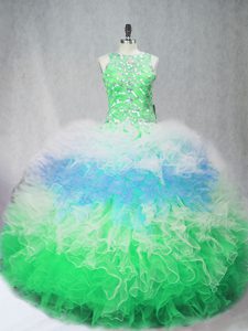  Multi-color Ball Gowns Tulle Scoop Sleeveless Beading and Ruffles Floor Length Zipper Quince Ball Gowns