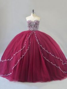 Elegant Burgundy Tulle Lace Up Sweet 16 Dress Sleeveless Brush Train Beading