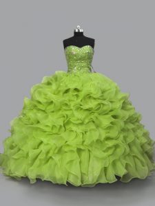 Glittering Yellow Green Ball Gown Prom Dress Sweet 16 and Quinceanera with Beading and Ruffles Halter Top Sleeveless Lace Up