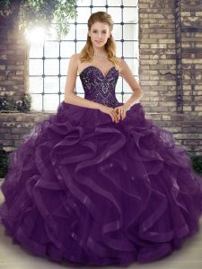 Modern Dark Purple Ball Gowns Tulle Sweetheart Sleeveless Beading and Ruffles Floor Length Lace Up Quinceanera Gowns