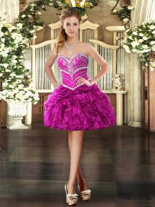 Sexy Sweetheart Sleeveless Dress for Prom Mini Length Beading and Ruffles Fuchsia Organza
