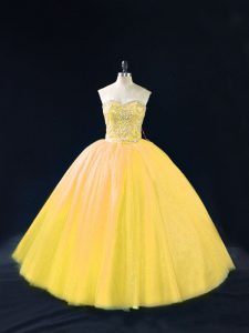 Chic Gold 15th Birthday Dress Sweet 16 and Quinceanera with Beading Sweetheart Sleeveless Lace Up