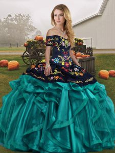 Pretty Embroidery and Ruffles Quinceanera Dress Teal Lace Up Sleeveless Floor Length