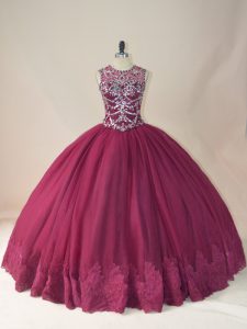Cute Long Sleeves Floor Length Beading and Appliques Lace Up 15 Quinceanera Dress with Burgundy