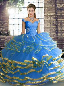  Blue Tulle Lace Up Off The Shoulder Sleeveless Floor Length 15th Birthday Dress Beading and Ruffled Layers