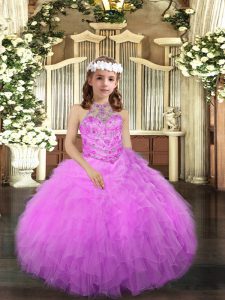 Exquisite Halter Top Sleeveless Little Girls Pageant Gowns Floor Length Beading and Ruffles Lilac Tulle