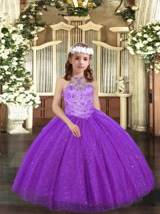 Trendy Floor Length Purple Little Girls Pageant Dress Wholesale Tulle Sleeveless Beading