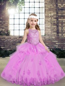 Custom Made Lilac Sleeveless Lace and Appliques Floor Length Little Girl Pageant Gowns