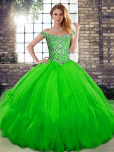 Custom Made Beading and Ruffles Quinceanera Dresses Green Lace Up Sleeveless Floor Length