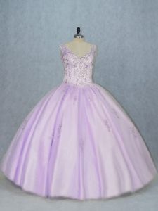 Extravagant Lavender Ball Gowns Beading 15th Birthday Dress Lace Up Tulle Sleeveless Floor Length