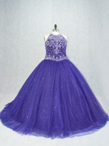 Fantastic Lace Up Ball Gown Prom Dress Purple for Sweet 16 and Quinceanera with Beading Brush Train