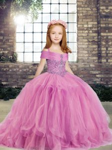 Admirable Ball Gowns Girls Pageant Dresses Lilac Straps Tulle Sleeveless Floor Length Lace Up