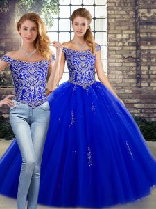  Royal Blue Two Pieces Tulle Off The Shoulder Sleeveless Beading Floor Length Lace Up Sweet 16 Dresses