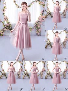  Pink Empire Off The Shoulder Sleeveless Tulle Tea Length Lace Up Belt Dama Dress for Quinceanera