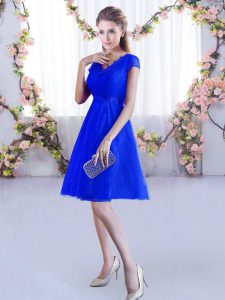 Modest Royal Blue Quinceanera Dama Dress Wedding Party with Lace V-neck Cap Sleeves Lace Up