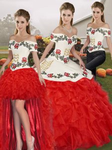 Customized White And Red Lace Up Quinceanera Dresses Embroidery and Ruffles Sleeveless Floor Length