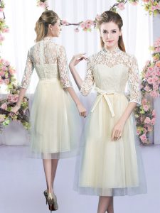  High-neck Half Sleeves Damas Dress Tea Length Lace and Bowknot Champagne Tulle