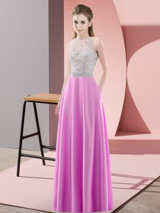 Stunning Scoop Sleeveless Prom Party Dress Floor Length Beading Lilac Satin