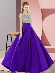 Elegant Purple Empire Beading Prom Dress Backless Elastic Woven Satin Sleeveless Floor Length