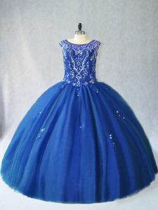  Blue Ball Gowns Scoop Sleeveless Tulle Floor Length Lace Up Beading Sweet 16 Quinceanera Dress