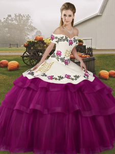  Brush Train Ball Gowns Quinceanera Dress Fuchsia Off The Shoulder Tulle Sleeveless Lace Up