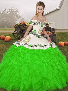 Stylish Green Ball Gowns Off The Shoulder Sleeveless Organza Floor Length Lace Up Embroidery and Ruffles Quinceanera Dresses